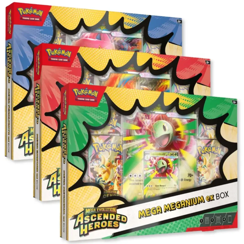 Pokémon TCG Ascended Heroes Mega 3 Pack Meganium, Emboard y Feraligart EX Box